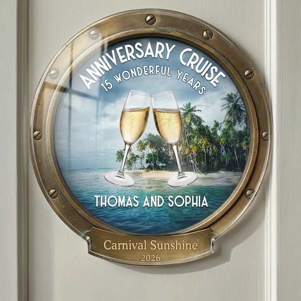 Personalized Anniversary Cruise Acrylic Magnet, Champagne Toast Beach Scene, Unique Couple Gift for Cabin Door