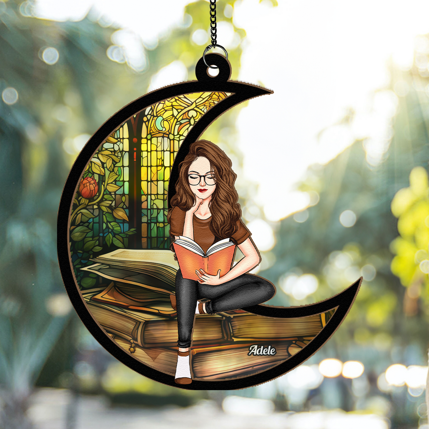 Book Lover Ornament with Stained Glass Window, Reading Girl Sitting on Crescent Moon, Cozy Home Décor Gift for Readers