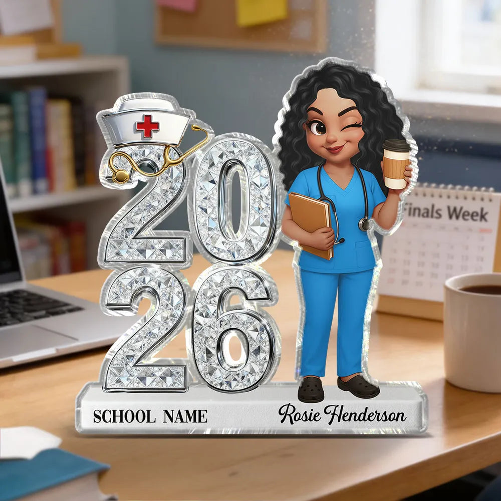 Personalized Shaped Acrylic Block Plaque for Nursing Graduation Class Gift, Cute Nurse Holding Coffee Keepsake