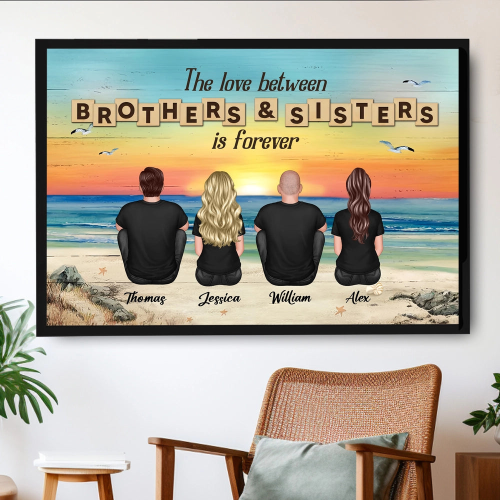 Brothers & Sisters Forever Poster — Personalized Beach Backview Wall Art for Family Love