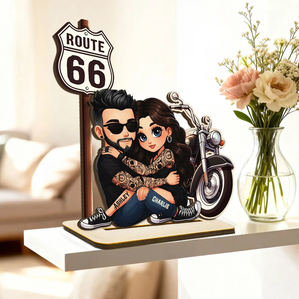 Personalized 2-Layer Wooden Plaque Biker Couple Hugging by Route 66 Motorcycle - Unique Gift For Couples
