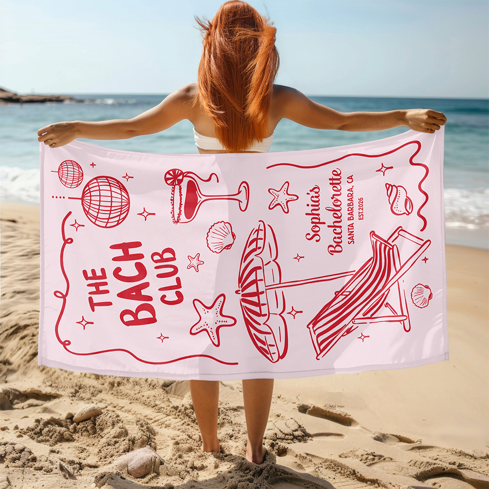 Personalized Beach Towel The Bride Club, Custom Girls Trip Poolside Gift with Retro Beach Icons for the Bride Squad