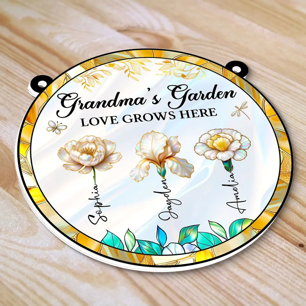 Personalized Acrylic Suncatcher Ornament – Grandma’s Garden “Love Grows Here”, thoughtful gift-ready keepsake for Grandma
