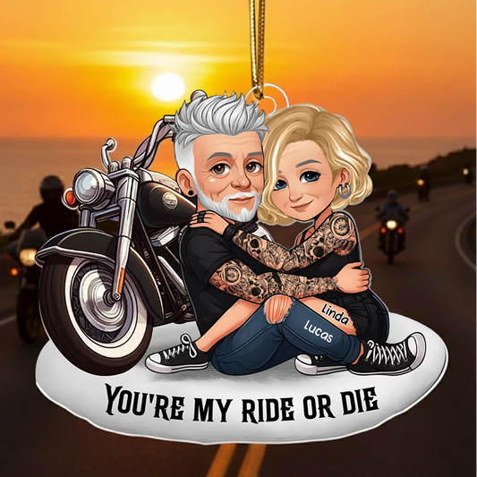 Acrylic Ornament Personalized for Riding Partners, Hugging Biker Couple on a Motorcycle, Unique Romantic Gift