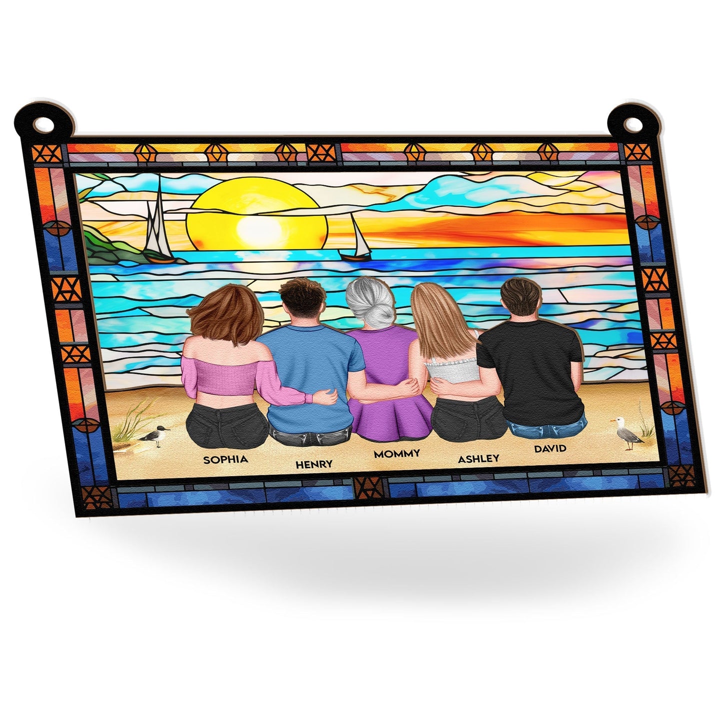 Wood & Acrylic Layered Ornament – Family Sunset by the Sea, Custom Gift for Mother & Siblings