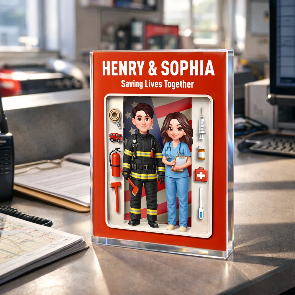 Personalized Rectangle Acrylic Block Plaque for a Firefighter & Nurse Couple - Unique Desk Decor Gift