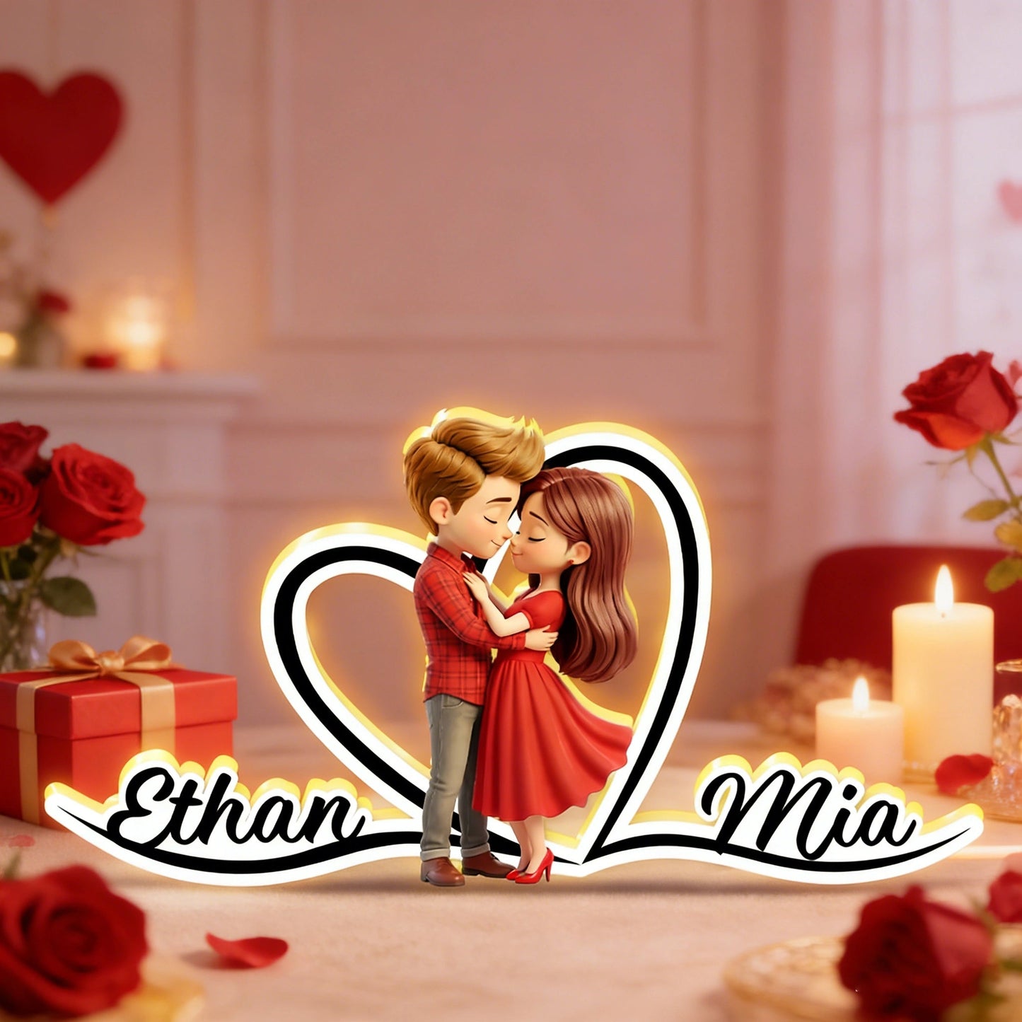 Personalized Acrylic Light Box with Kissing Couple and Heart Outline, Warm Glow Bedroom Decor, Unique Gift for Him or Her