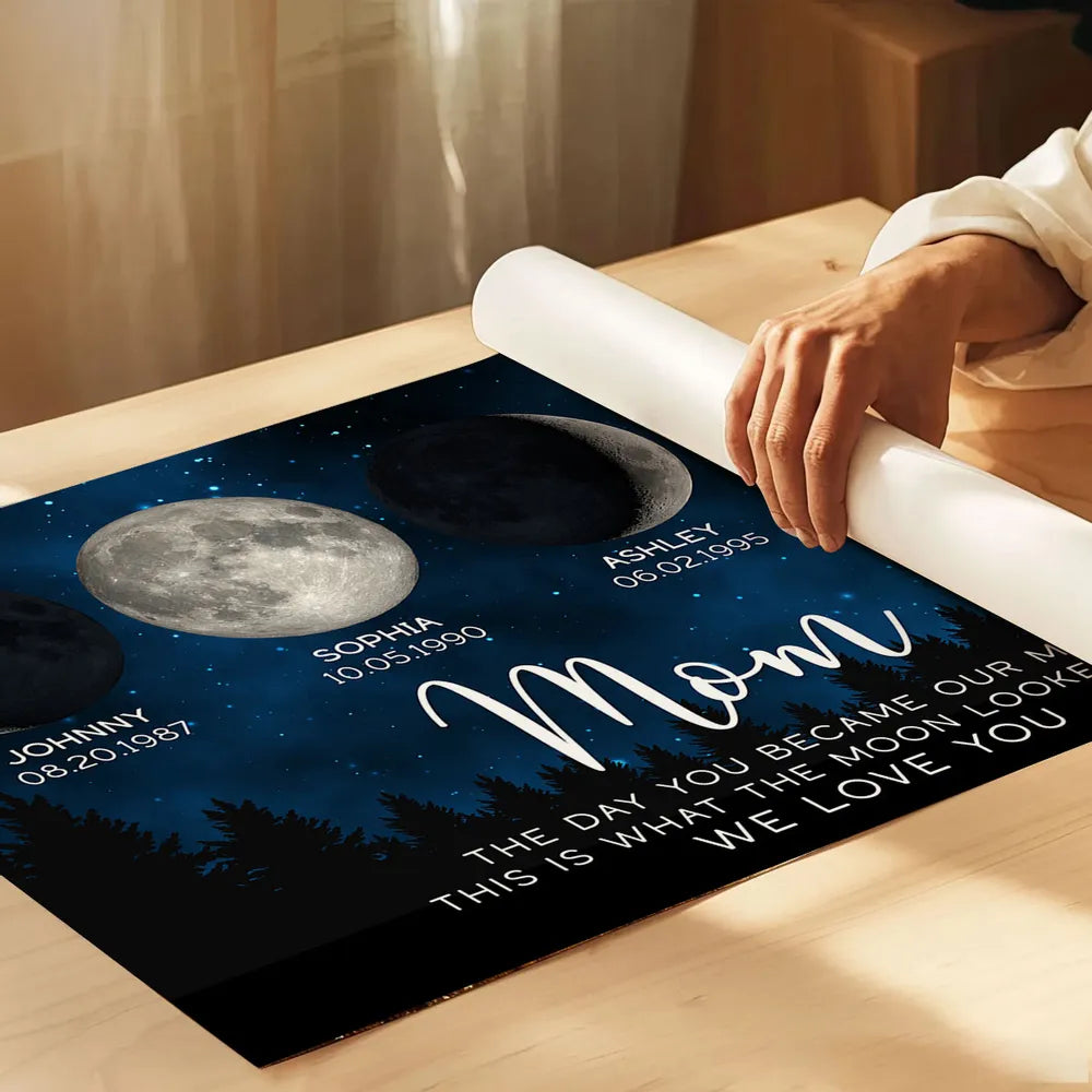 Personalized Moon Phase Mom Poster, Custom Night Sky Wall Art, The Day You Became Our Mom Unique Gift for Mom