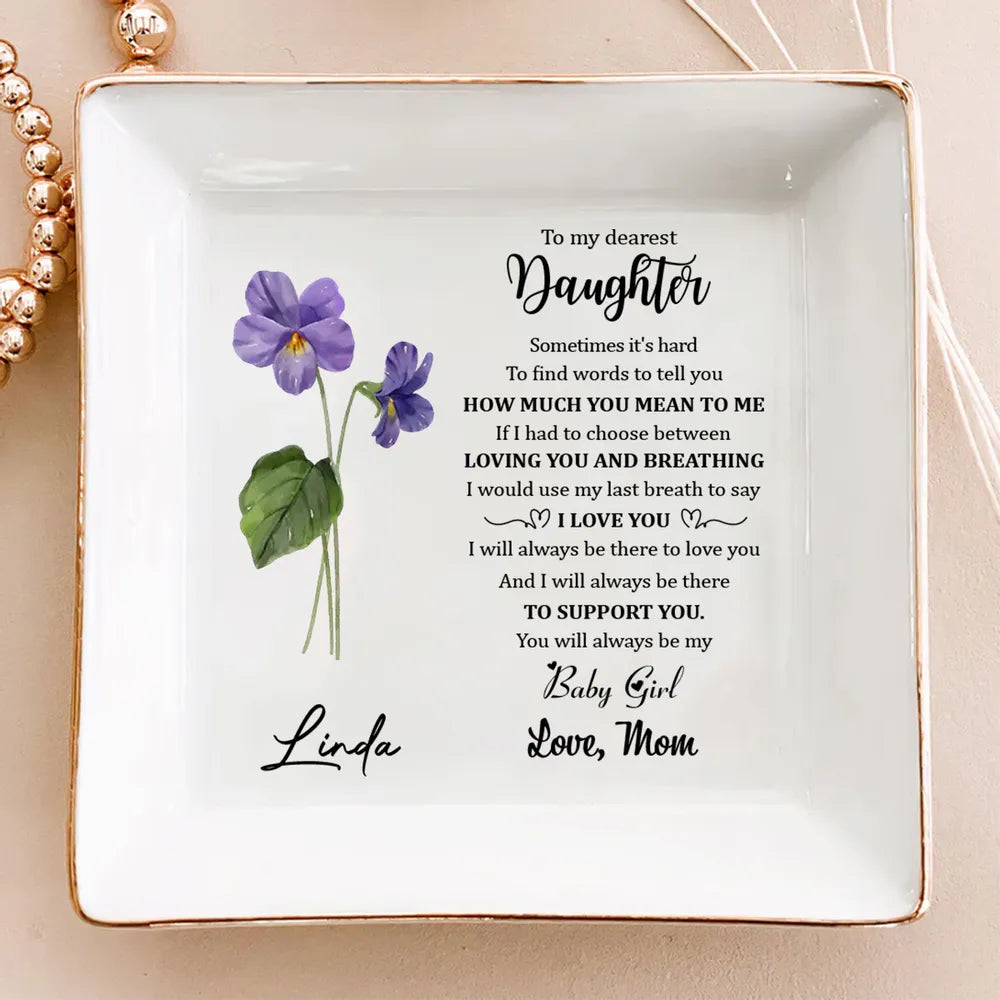 Jewelry Dish for Daughter, Personalized Keepsake Tray with Love Note and Purple Flower, Sweet Gift from Mom