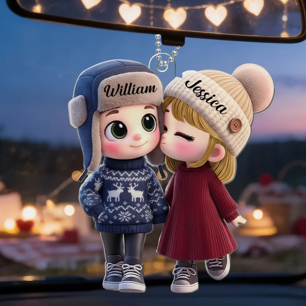 Personalized Acrylic Car Hanger Cute Cartoon Kissing Couple in Winter Hats, Unique Romantic Gift for Husband or Wife