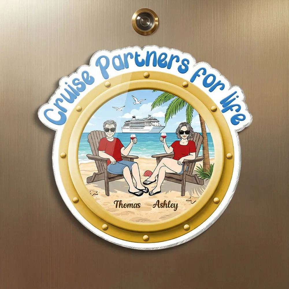 Personalized Cruise Partners For Life Acrylic Magnet, Beach Couple Toasting Porthole Design, Unique Gift for Couples