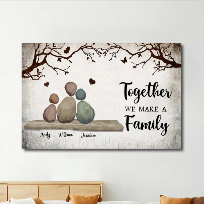 Personalized Family Rock Art Poster or Plaque or Keychain or Ornament, Custom "Together We Make a Family" Gift for Home Decor