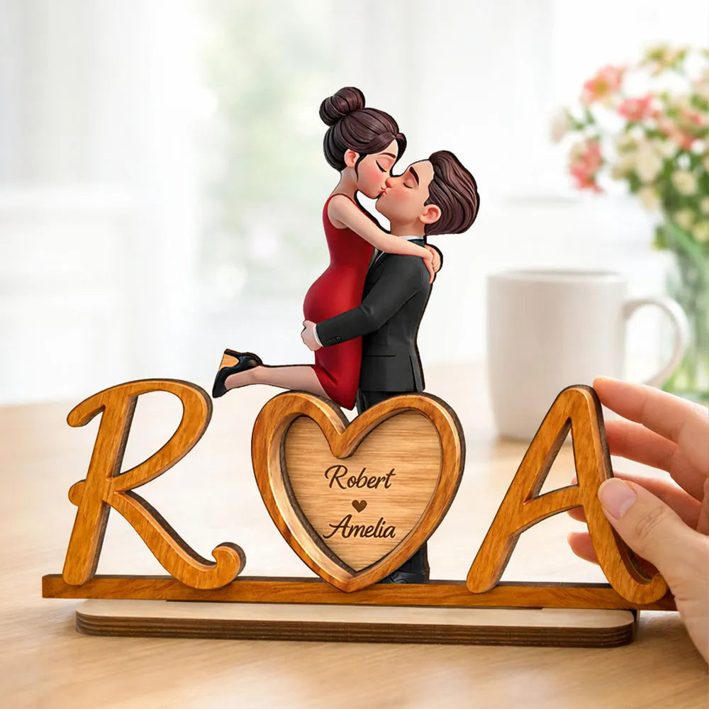 Personalized 2-Layer Wooden Plaque with Couple Kissing and Initials Heart for Desk Decor, Unique Romantic Gift for Her or Him