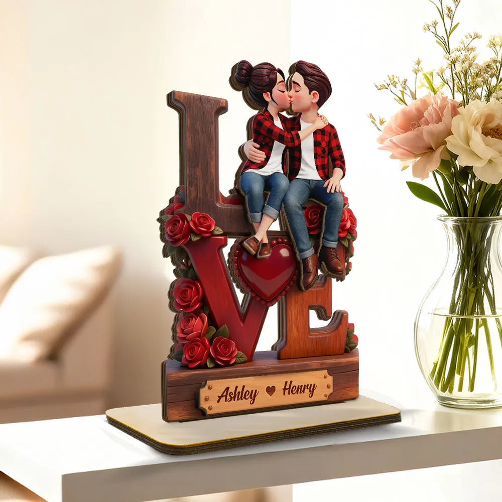 2-Layer Wooden Plaque with Kissing Couple on LOVE and Red Roses - Personalized Keepsake for Anniversary or Valentine's Gift