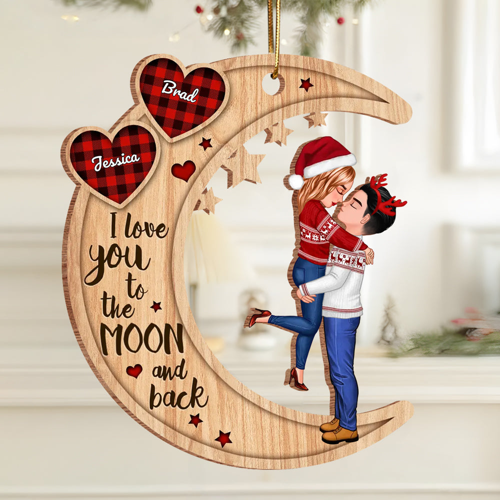 Couple Hugging On Heart Pattern Moon - Personalized Wooden Ornament - Gift For Firefighter,Police,Nurse,Chef,Teacher,Flight,Military,Animal Control,Worker