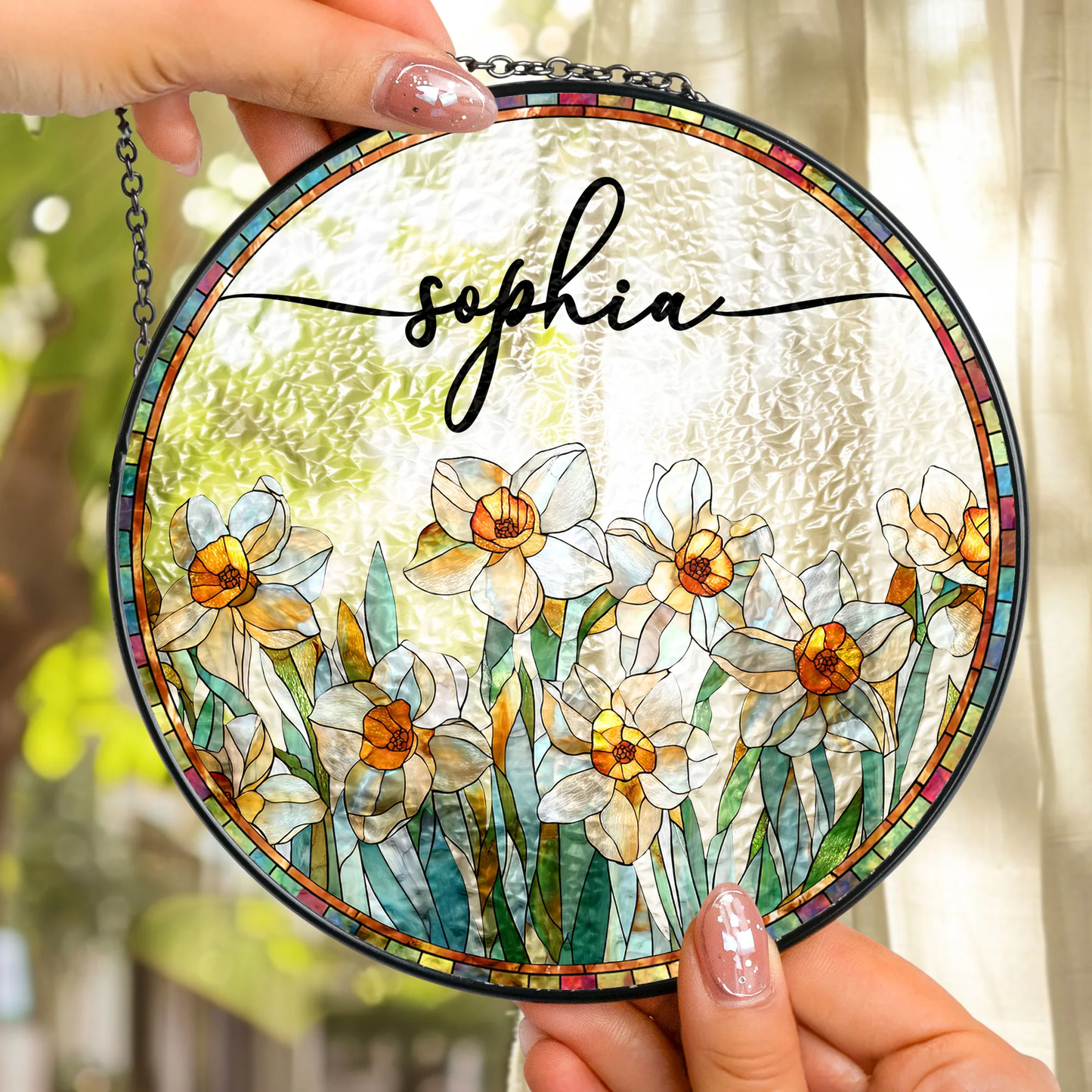 Personalized Birth Flower Glass Suncatcher Ornament for Window Display, Bright Stained Glass Style, Unique Gift for Mom