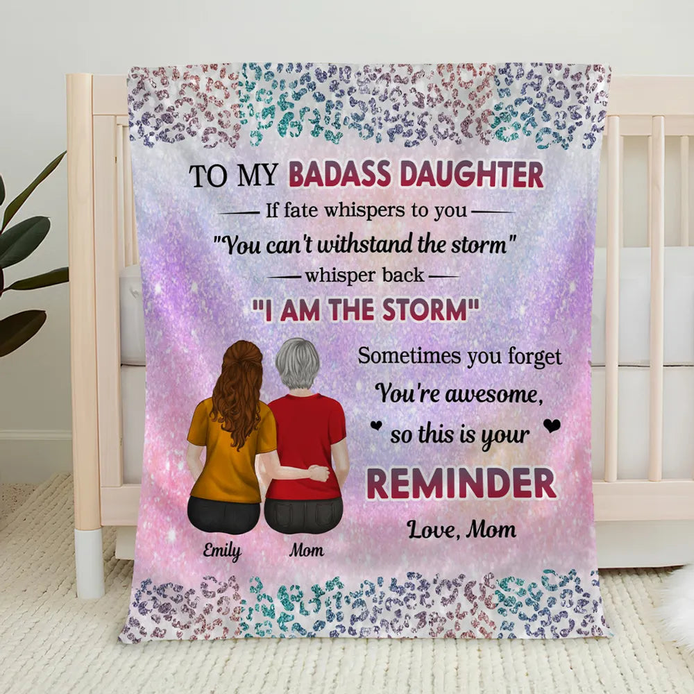 Custom Blanket Mom And Daughter Sitting Together Back View, 'I Am The Storm' Quote, Cozy Throw Gift For Daughter