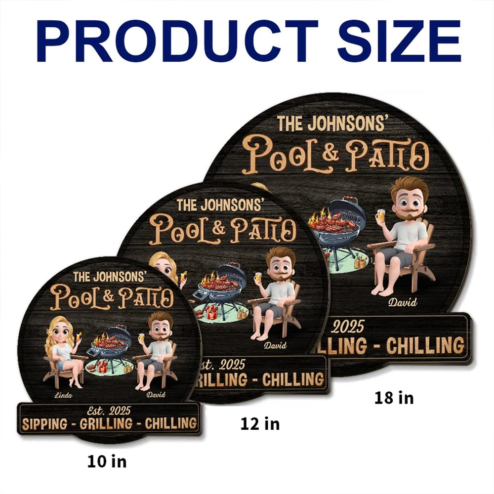 Personalized Pool & Patio Wooden Sign with Cute Couple Cartoon and Grill Scene, Unique Backyard Decor Gift