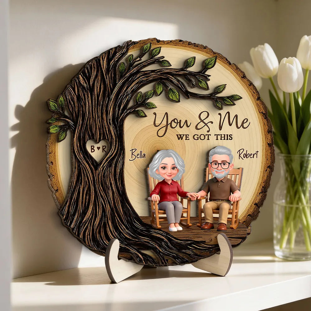 Personalized 2-Layer Wooden Plaque with You & Me We Got This, Couple Holding Hands Under Heart Tree, Unique Gift