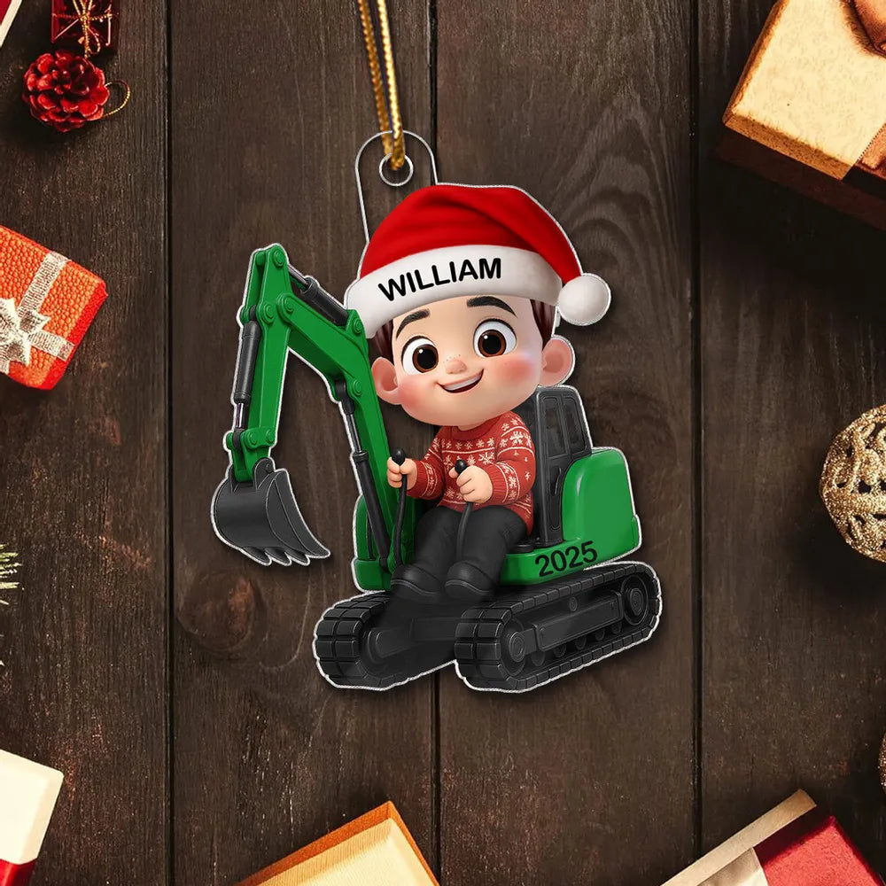 Cartoon Boy Tractor Acrylic Ornament with Christmas Cheer, Perfect Gift for Kids