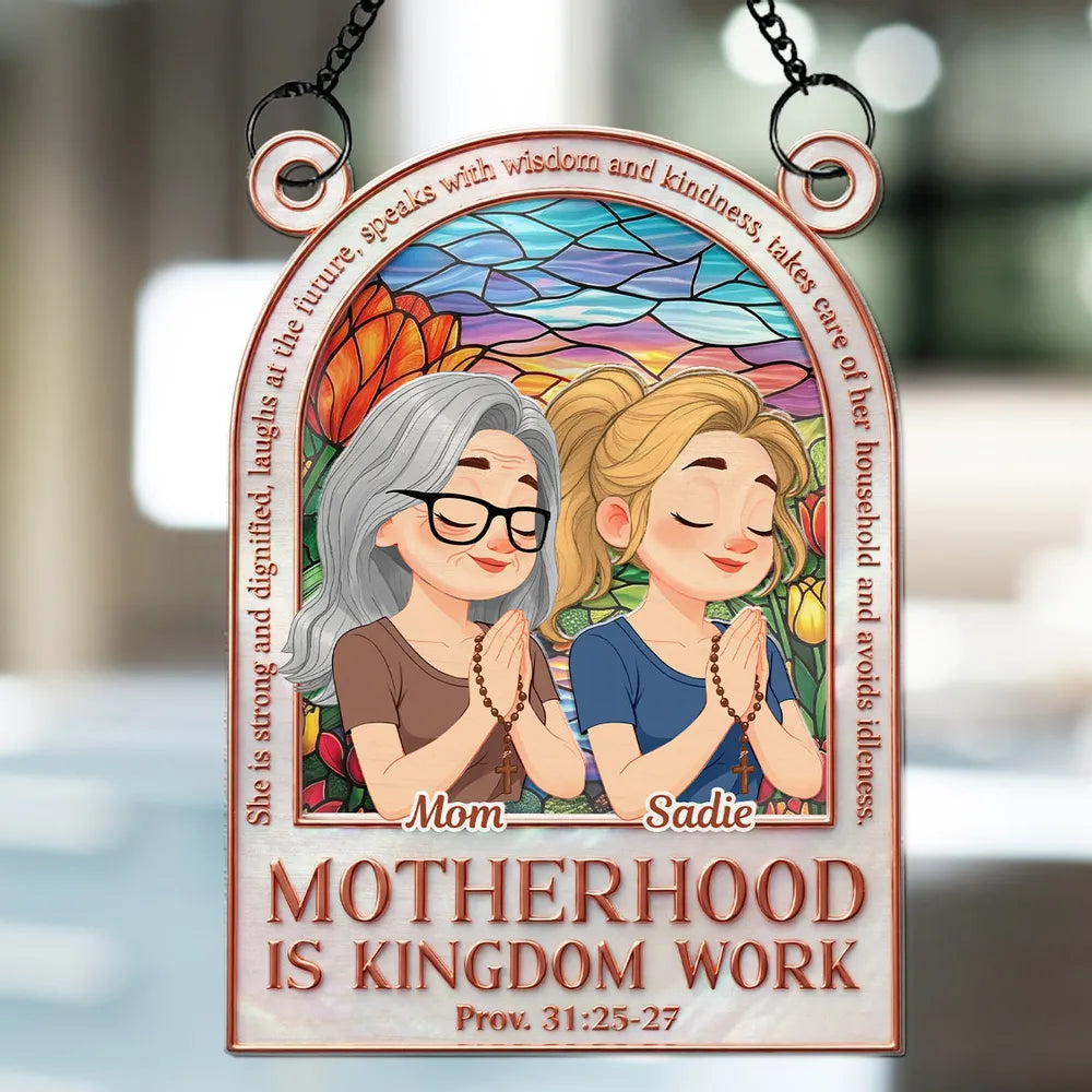 Wood and Acrylic Layered Ornament Personalized for Mom, Motherhood Is Kingdom Work Quote, Sweet Faith Filled Gift With Warm Color