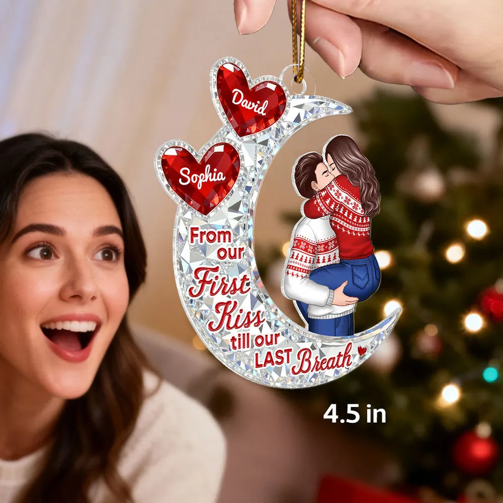 Custom Acrylic Ornament with Crescent Moon and Embracing Couple, Heartfelt From Our First Kiss Quote, Special Anniversary or Holiday Gift