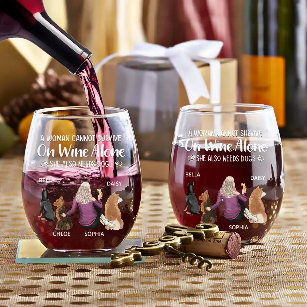“Wine and Dogs Are Essential” Personalized Stemless Wine Glass - Valentine’s Day Gift - Perfect for Dog Moms/Dads - Beach Scene Design