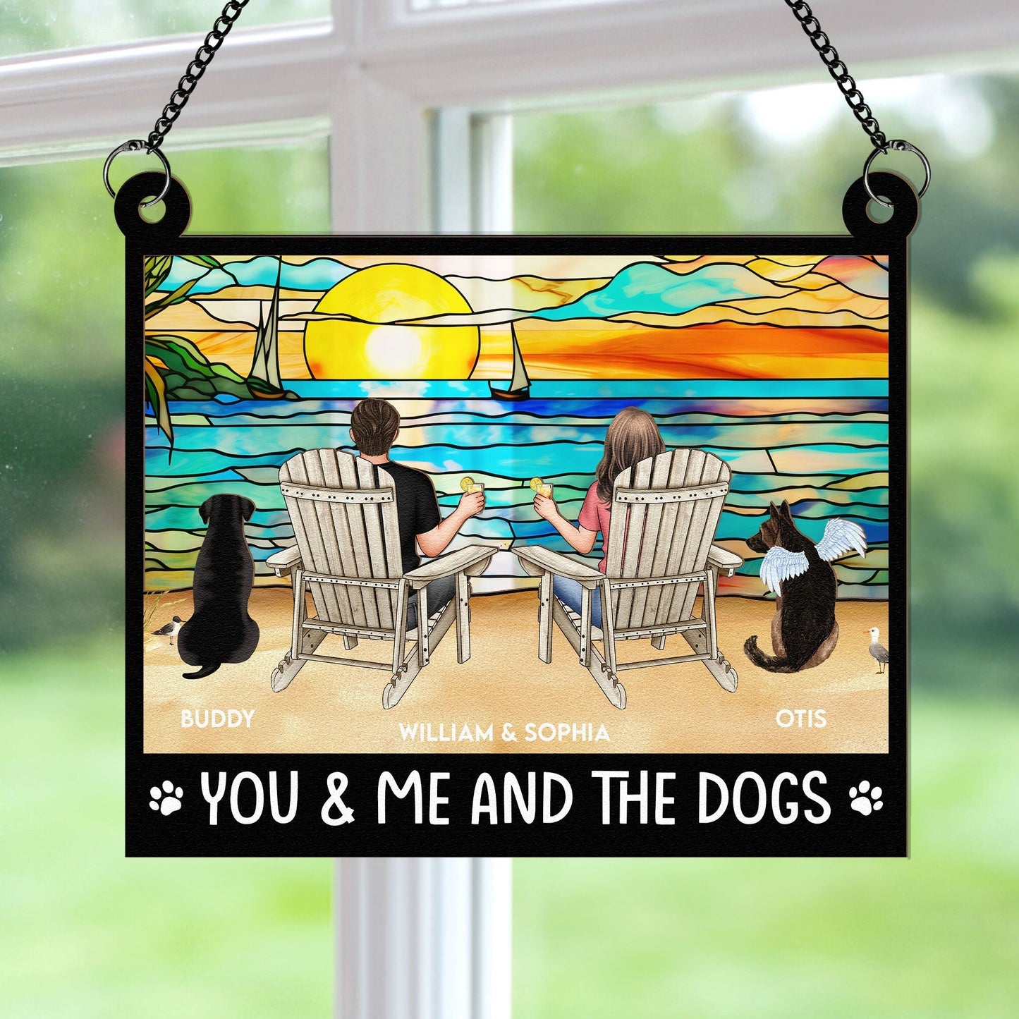 "Rustic Couple and Dogs Wood & Acrylic Ornament - Personalized Mountain View Gift"