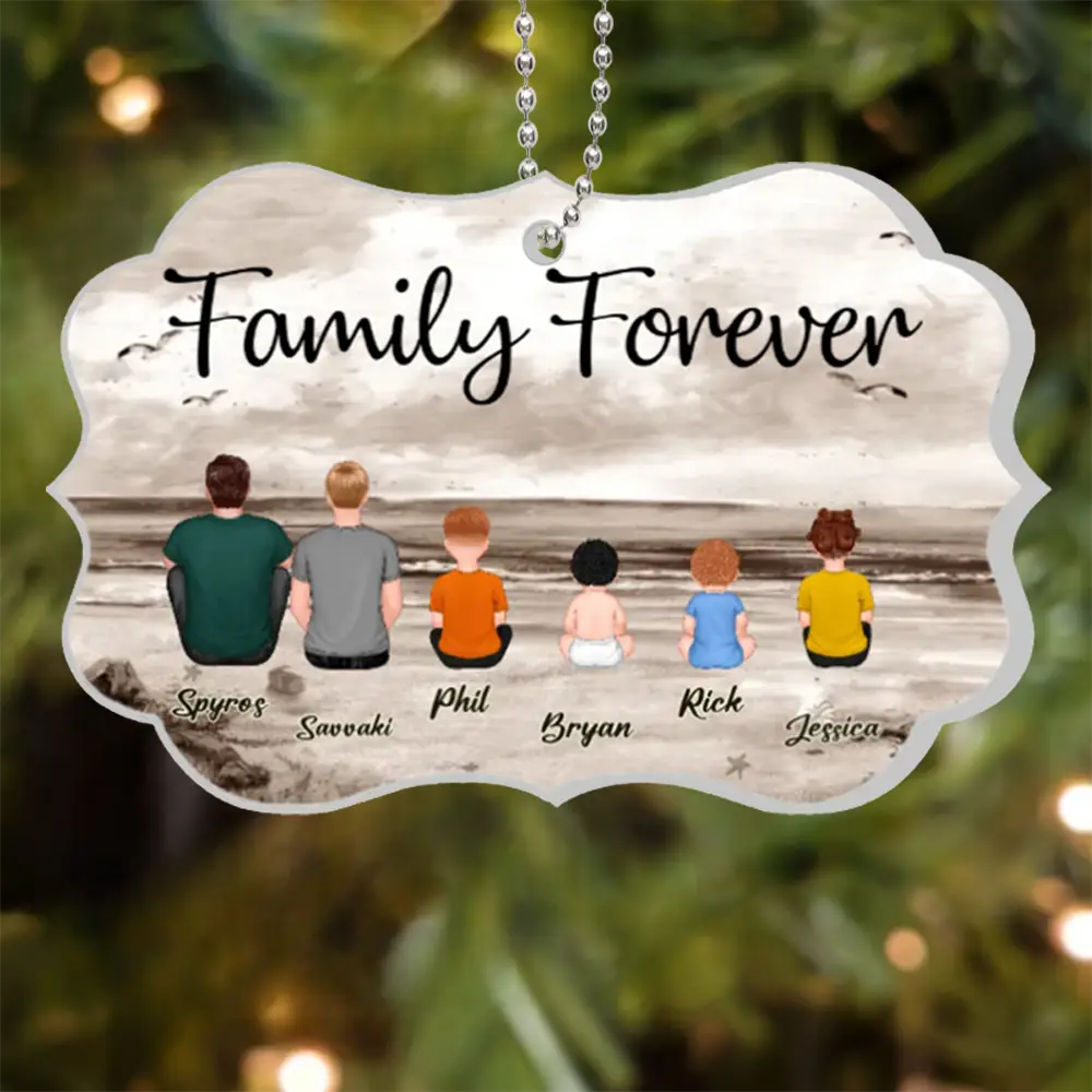 "Beach Landscape Family Sitting Back View Acrylic Or Wooden Car Hanger, Perfect Gift for Father's Day, for Dad or Grandpa"