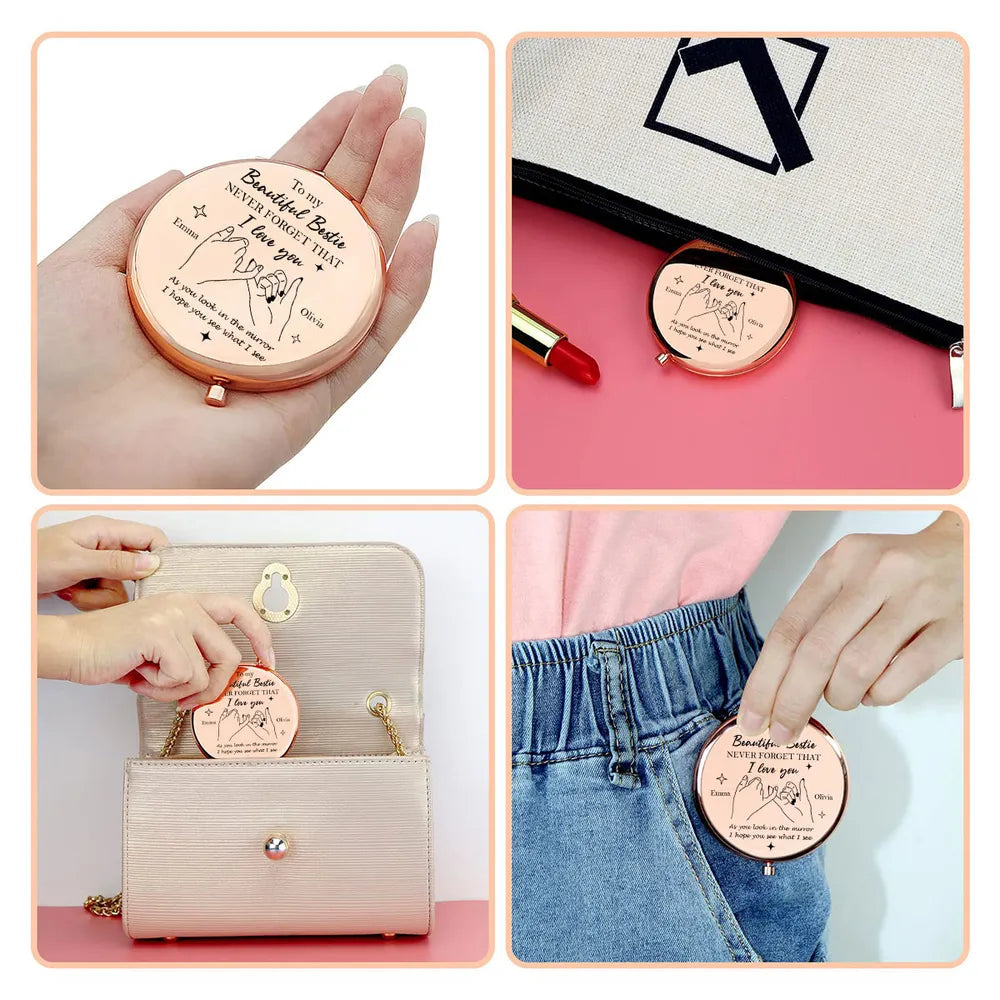Metal Compact Mirror With Bestie Love Quote And Pinky Promise Drawing, Thoughtful Personalized Gift For Friends