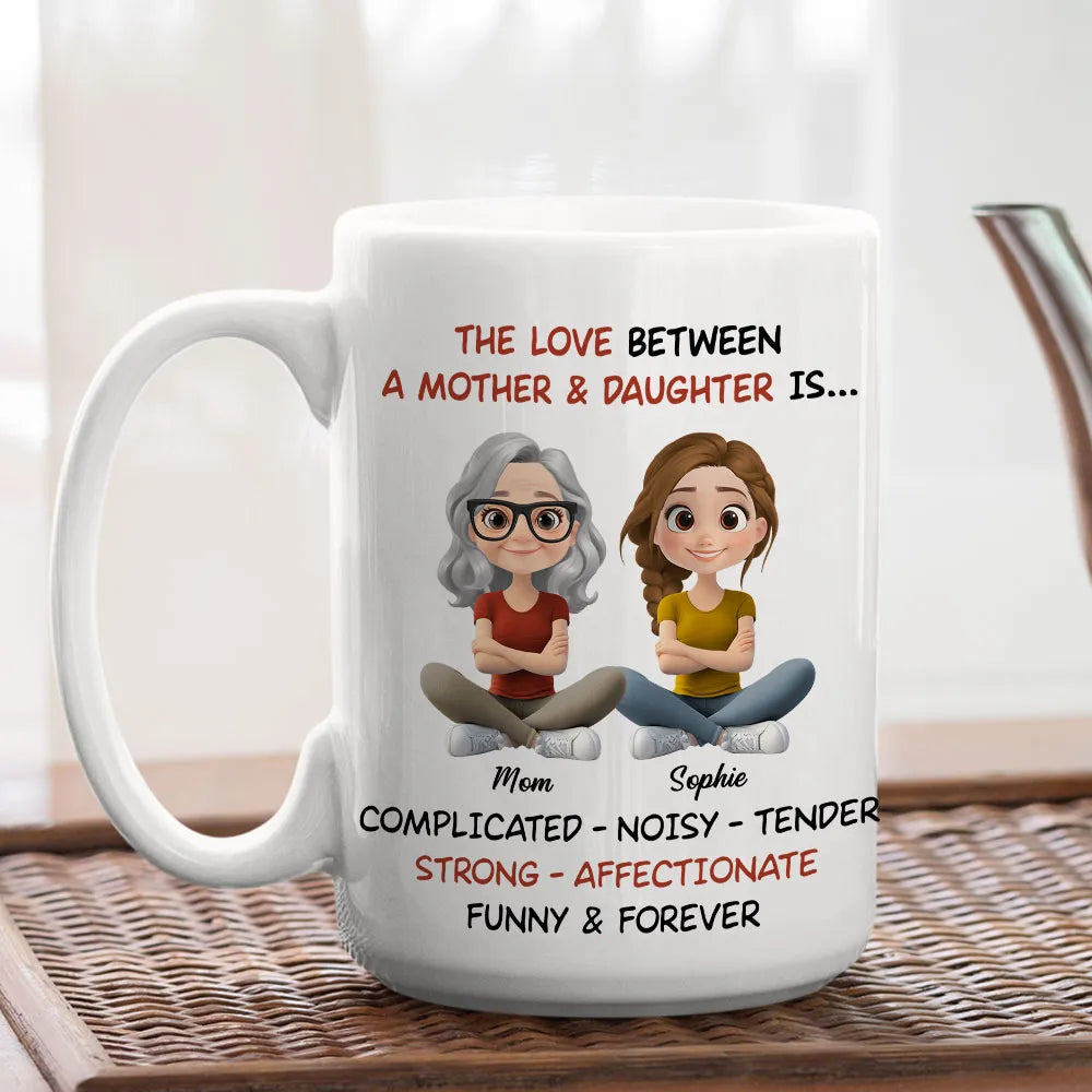 Personalized White Ceramic Mug Mother & Daughter Cute Cartoon Sitting Design - Unique Mother's Day Gift