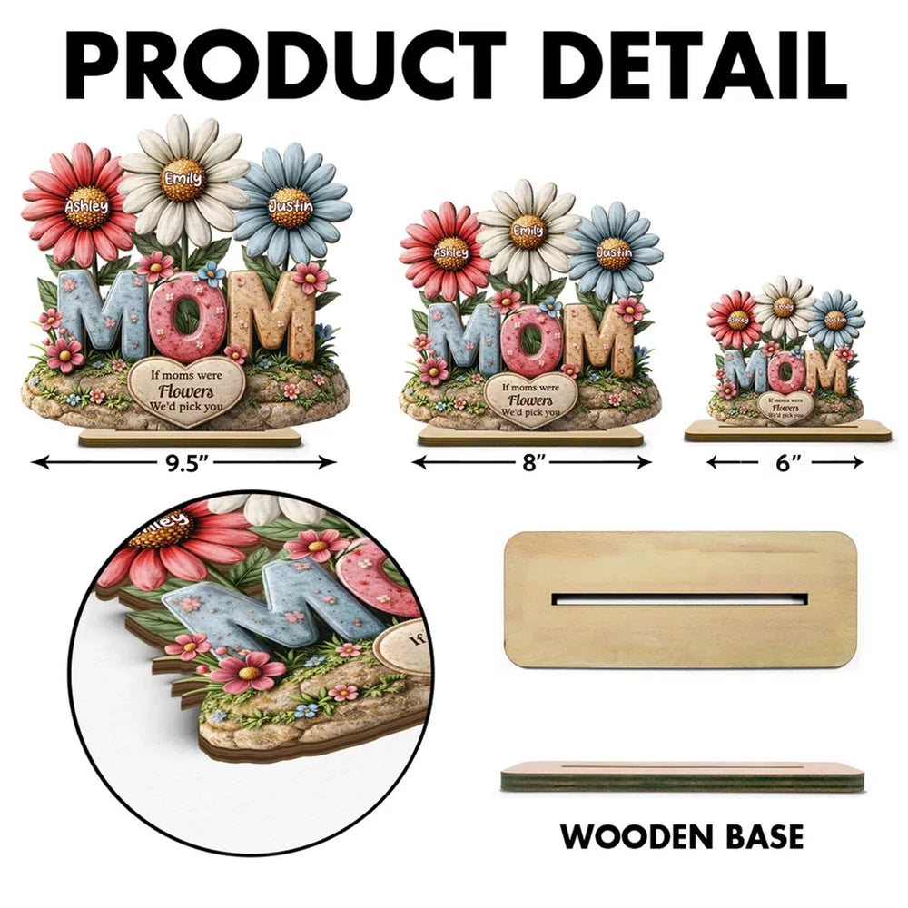 If Moms Were Flowers We'd Pick You 2-Layer Wooden Plaque, Personalized Family Keepsake Gift for Mom, Bright Floral Home Decor