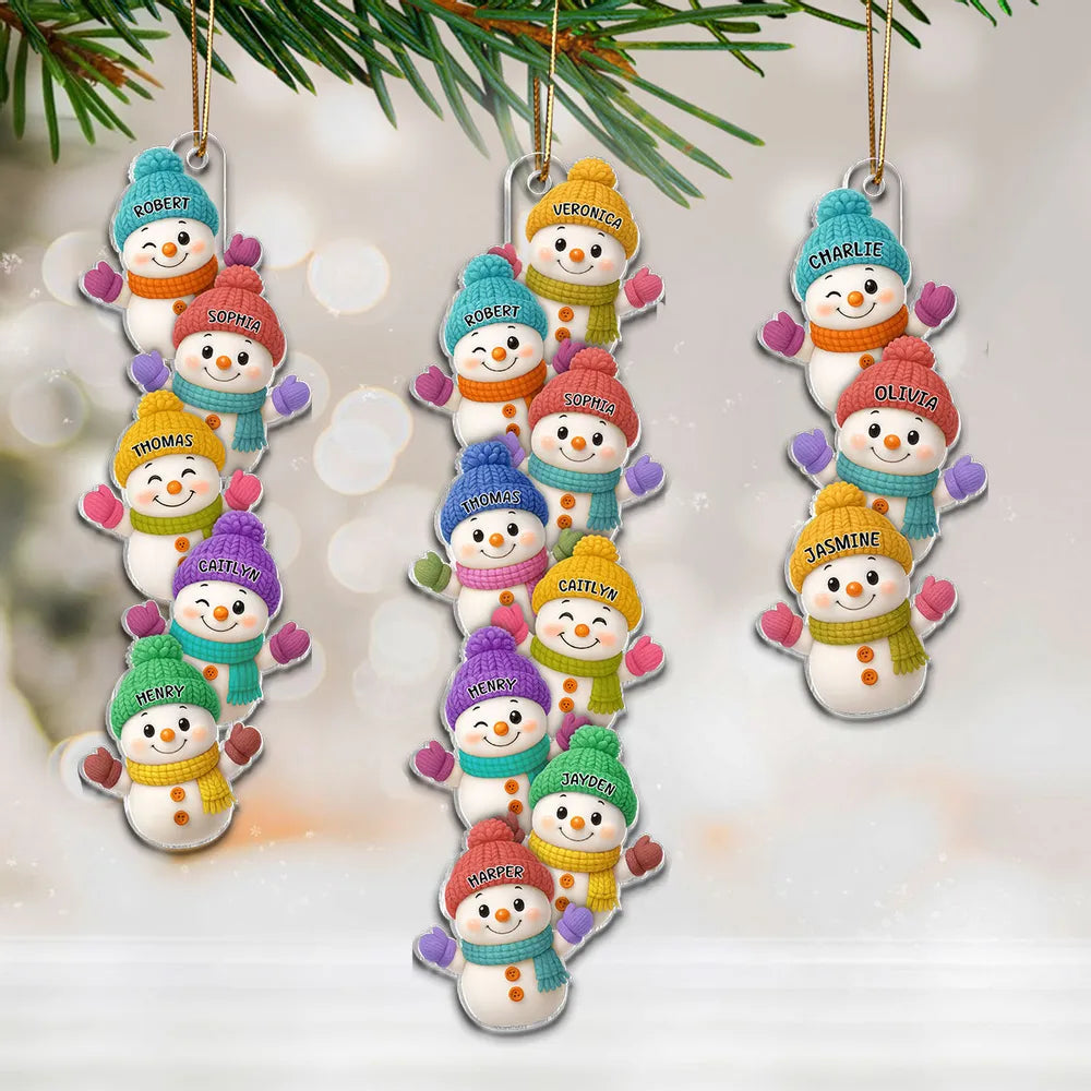 Personalized Acrylic Ornament with Stacked Snowmen Characters, Cute Family Christmas Decor, Unique Holiday Tree Gift