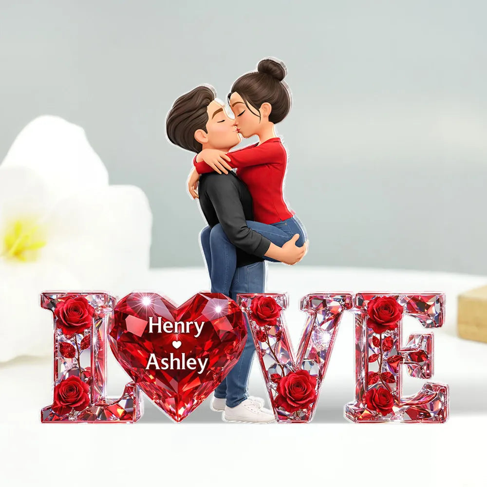 Personalized Shaped Acrylic Block Plaque Kissing Couple with LOVE Heart Roses Romantic Shelf Decor Unique Gift