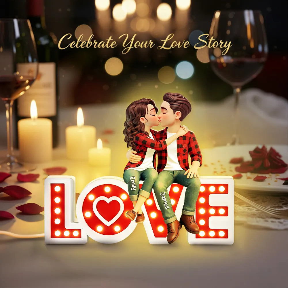 Personalized Acrylic Light Box Kissing Couple on LOVE Sign, Cozy Warm Glow Bedroom Decor, Unique Gift for Him or Her