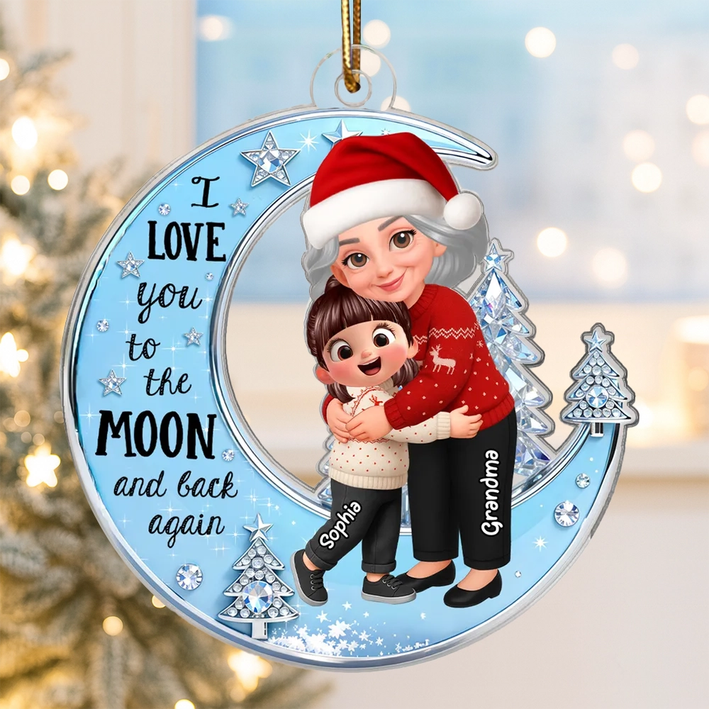 Acrylic Ornament - Grandma & Grandkid on Crescent Moon, Cute Christmas Scene, I love you to the moon and back, unique gift
