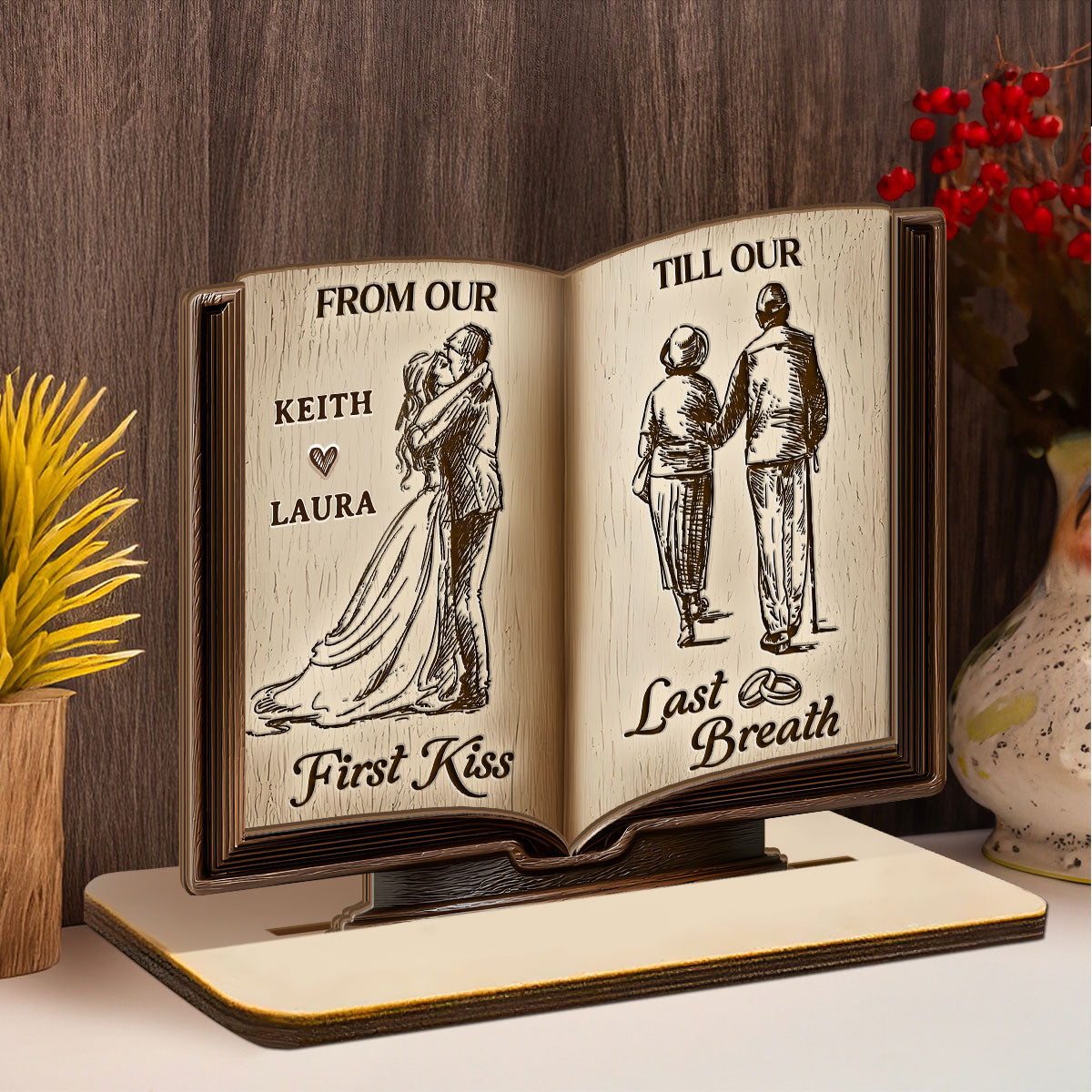 Personalized 2-Layer Wooden Plaque Book for Couples From First Kiss to Last Breath, Romantic Keepsake & Unique Anniversary Gift