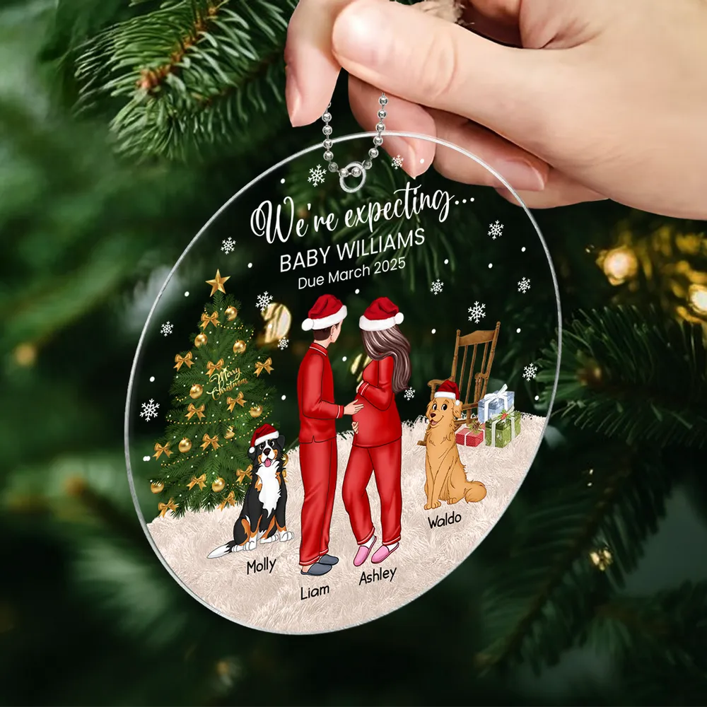 Acrylic Ornament, Expecting Couple by Christmas Tree, Cute Illustration, Unique Gift for Mom-to-Be & New Parents