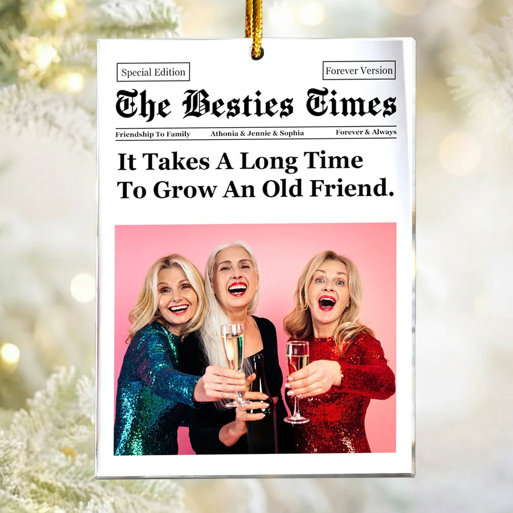 Personalized Acrylic Ornament for Best Friends – Newspaper Style Photo Acrylic Ornament, Unique Christmas Gift with Heartwarming Quote