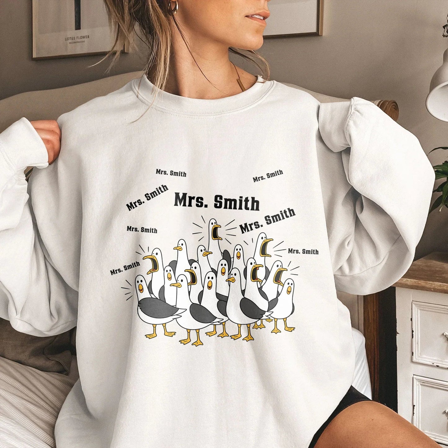 Personalized Funny Seagulls Classic Tee with Custom Teacher Name, Cute Cartoon Gift for Teachers