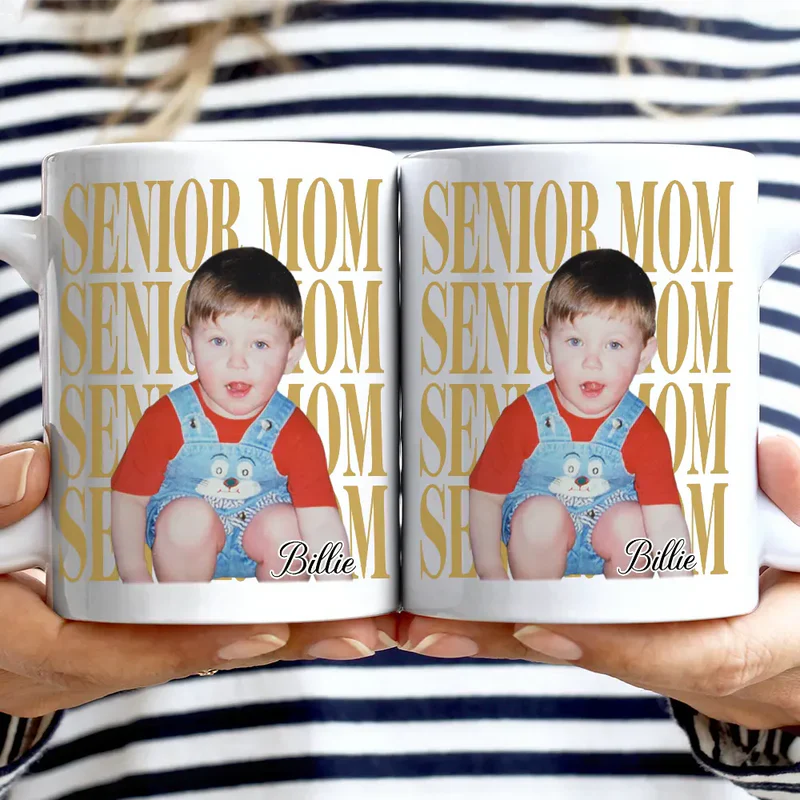 Personalized Ceramic Mug With Custom Photo And SENIOR MOM Text - Unique Mother's Day Gift For Morning Coffee Smiles