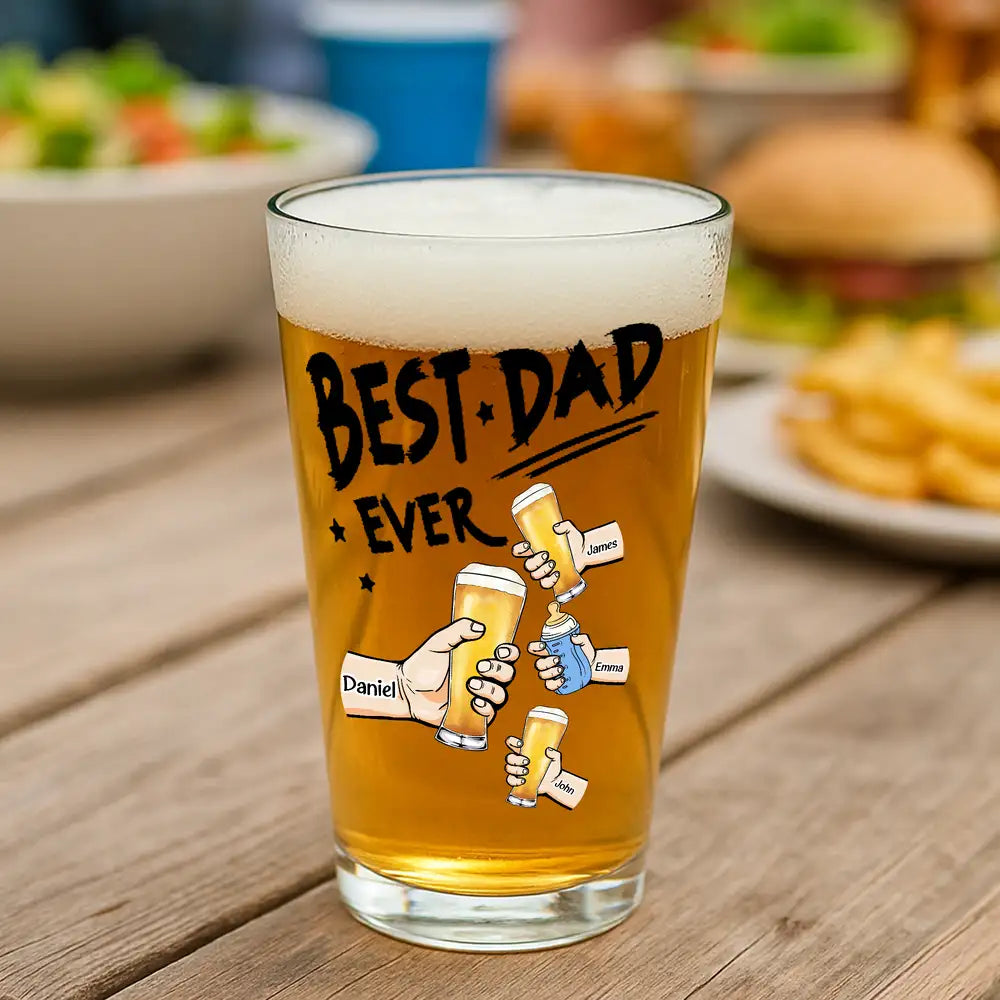 “Best Dad Ever” Personalized Beer Glass – Custom Cheers Design with Kid Names