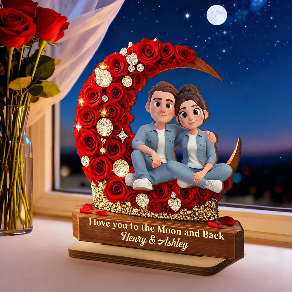 2-Layer Wooden Plaque Custom Couple on Red Rose Crescent Moon Sweet I Love You to the Moon and Back Keepsake Gift for Her or Him
