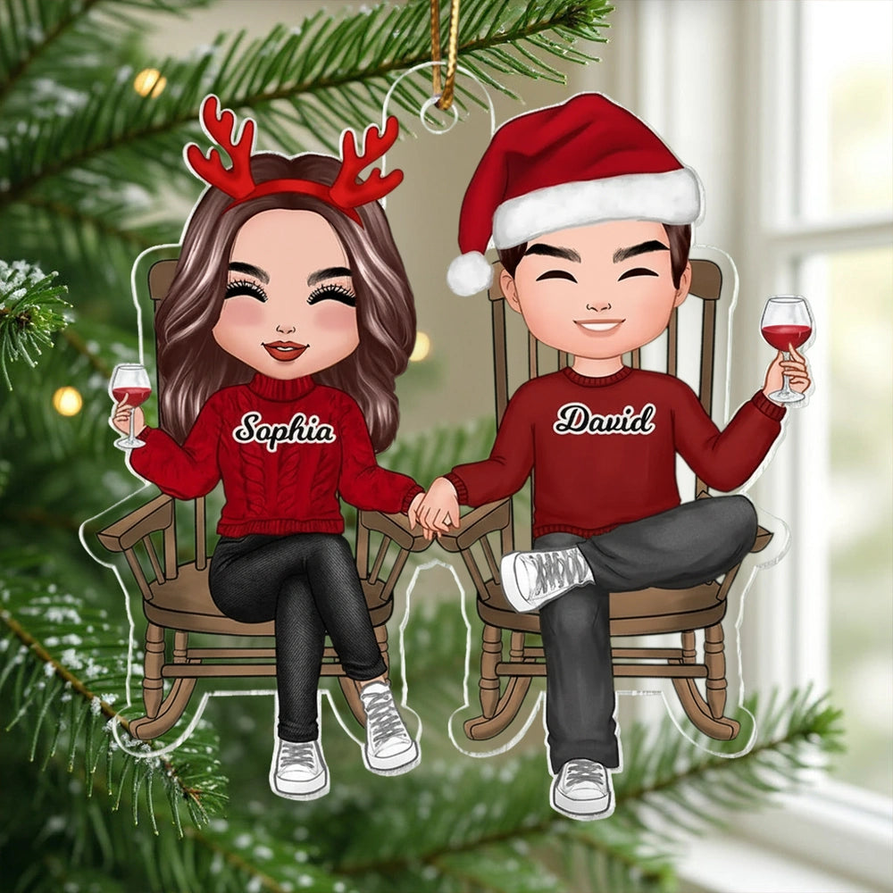 Personalized Couple Acrylic Car Hanger, Cute Sitting Together Christmas Mirror Decor, Unique Gift for Him or Her