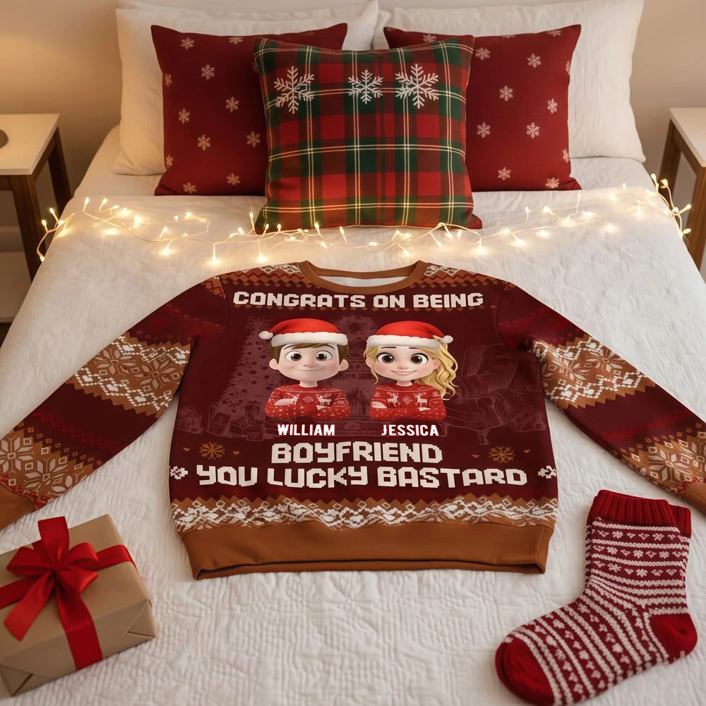 Custom Cartoon Couple Printed Sweatshirt for Husband – Playful Christmas-Inspired Design, One-of-a-Kind Romantic Gift