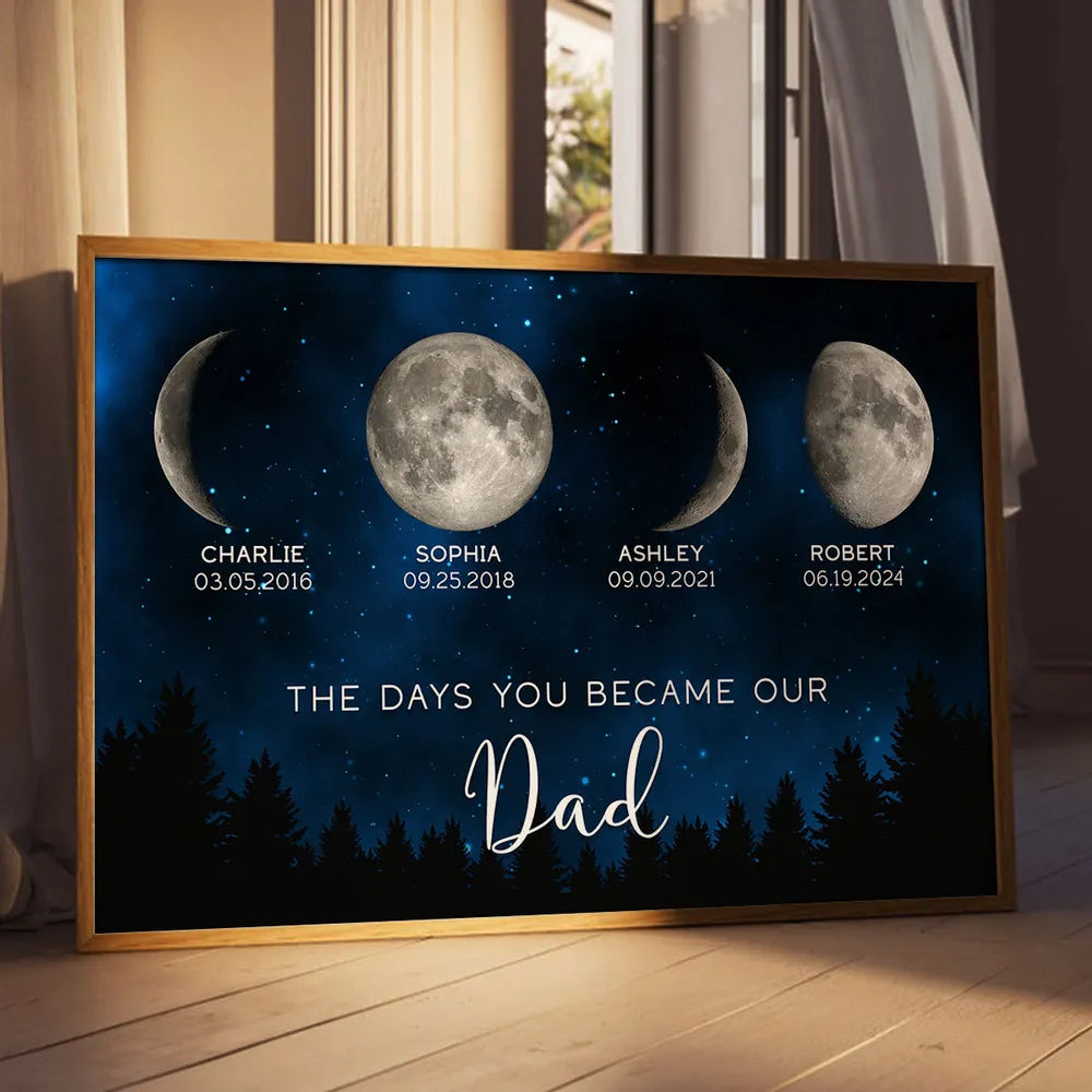 The Days You Became Our Dad Poster – Moon Phases over Forest Night Sky, Creative Personalized Gift for Dad