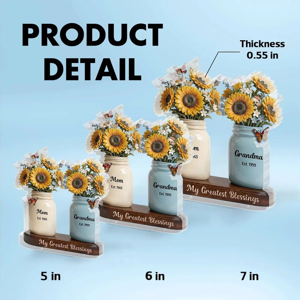 Personalized Shaped Acrylic Block Plaque with Sunflower Mason Jars, 'My Greatest Blessings' Unique Gift for Mom & Grandma