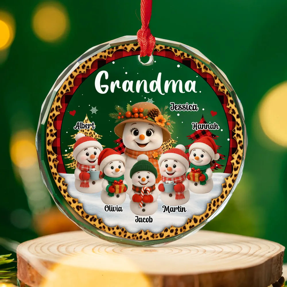 Personalized Crystal Ornament for Grandma with Cute Snowman Grandkid Scene, Festive Holiday Decor & Unique Gift
