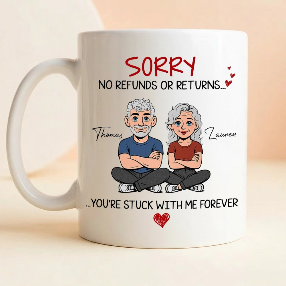 Personalized Funny Couple White Ceramic Mug 'You're Stuck With Me Forever' Cute Cartoon Gift for Husband or Wife