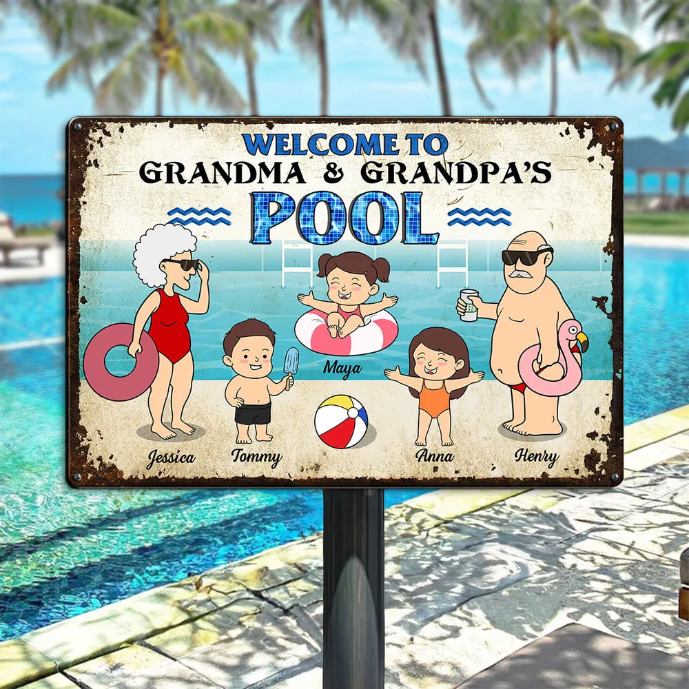 Funny Cartoon Welcome To Grandma Grandpa Pool Personalized Metal Sign